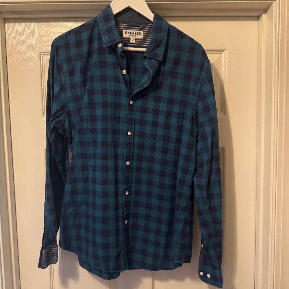 Express Men's Teal and Navy Checkered Shirt